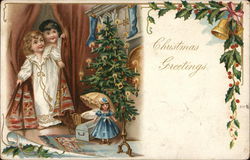 "Christmas Greetings" - Children Peer At Tree From Behind Curtain Postcard