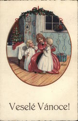 "Veselé Vánoce!" - Girl In Red Dress With Pair of Young Angels Children Postcard Postcard