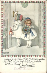 Two Girls in White Coats and Colored Hats Postcard