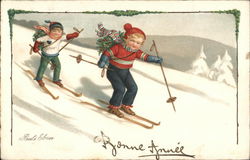 Children Snow Skiing Postcard