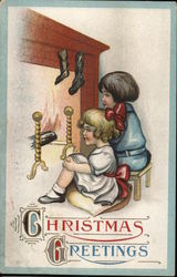 Children by Fire, Waiting for Santa Postcard