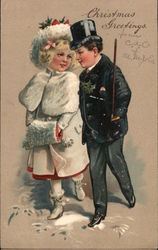 "Christmas Greetings" -Man and Woman Walking Postcard