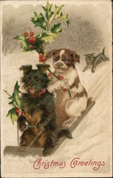 Dogs on a Sled with Holly Christmas Postcard Postcard