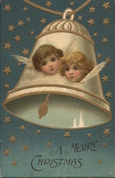 "A Merry Christmas" - Two Angels' Faces in White Bell Postcard Postcard