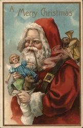 "A Merry Christmas" - Santa Smoking Pipe Holding Doll and Toys Postcard