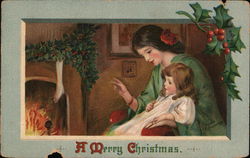 A Mother and Child SItting by the FIreplace Children Postcard Postcard