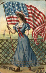 Women Holding an American Flag Postcard