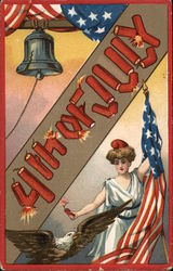 "4th of July" in Firecrackers with Liberty, Flag, Eagle and Bell Postcard