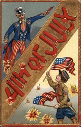 Uncle Sam and Boy Lighting Off Fireworks Postcard