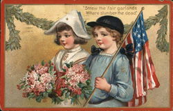 2 Chilren with Flowers and US Flag Postcard