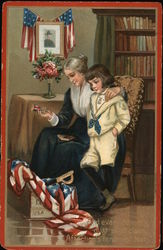 Woman Showing Boy Patriotic Mementoes Postcard