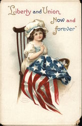 "Liberty and Union Now and Forever" - Girl in Chair Sewing Flag Postcard