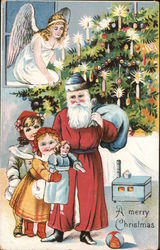 Santa Claus Giving Toys to Children, Angel Postcard