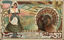 Thanksgiving Greetings - A Women and a Turkey Turkeys Postcard Postcard