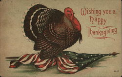 "Wishing You A Happy Thanksgiving" - Turkey Walking On Flag Turkeys Postcard Postcard