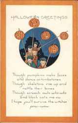 Halloween Greetings, Boys with Jack-o-Lanterns on Sticks Postcard