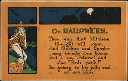 On Halloween" - Witch With Jack-O-Lantern Looking Through Inset Window Postcard