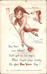 Cupids Playing Ice Hockey - Julia Woodworth Cupid Card Angels & Cherubs Postcard Postcard