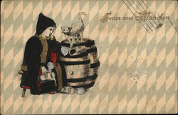 "Gruss aus Munchen" - Child with Cat, Keg of Beer Postcard