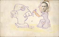 Cartoon of Sculpture in Progress With Real Photo Inserted for Sculptor's Head Postcard