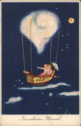 Two Children Sailing Through the Night Sky in a Bed Postcard