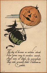 Witch Riding In Jack-O-Lantern Hot-Air Balloon Halloween Postcard Postcard