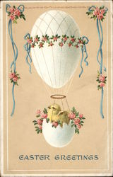 Easter Greetings - Chick in Eggshell Basket, Egg Hot Air Balloon With Chicks Postcard Postcard