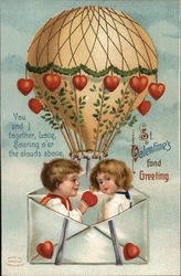 St. Valentine's Fond Greeting - Balloon with Hearts Holding Children in Envelope Postcard