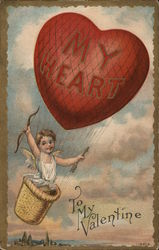 "To My Valentine" - Cupid in Hot-Ait Balloon Reading "My Heart" Postcard Postcard