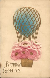 Birthday Greetings - Pink Flowers in Hot-Air Balloon Basket Postcard