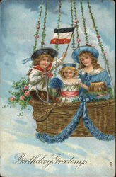 Birthday Greetings - Three Children in Basket of Hot-Air Balloon Postcard Postcard