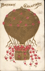 Golden Hot Air Balloon with Flowers, Birthday Greetings Postcard Postcard