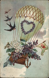 Birds and Hot-Air Balloon with Heart and Basket of Flowers Hearts Postcard Postcard