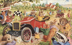 Illustration of Animals Celebrating Auto Race Finish Dressed Animals Postcard Postcard Postcard