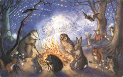 Animals Gathered Around Bonfire at Night Postcard