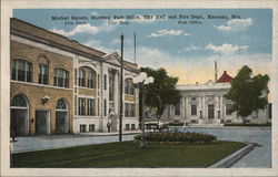 Market Square Showing Post Office, City Hall and Fire Dept. Postcard