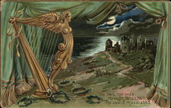 Golden Harp By Lush Green Curtains Overlooking Village By Sea Postcard