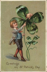 Boy, Four Leaf Clover, and Pig Postcard