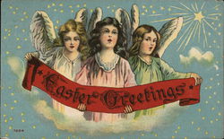 Three Angels Holding Red Banner with "Easter Greetings" Postcard