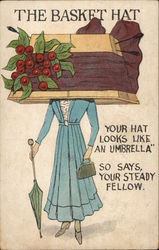 The Basket Hat - Woman Wearing Inverted Basket with Sash & Red Berries Postcard