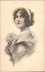 Colored Photo of Woman With Flowers Postcard