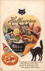 Witches and Goblins Around Cauldron That Reads "Good Luck" Halloween Postcard Postcard Postcard