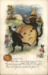 Two Black Cats Beating Sad Face Bass Drum Halloween Postcard Postcard Postcard