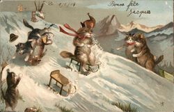 Cats Sledding Down Snowy Hill Postcard