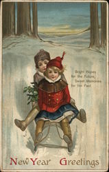 New Year Greeting - Two Children on Sled Postcard