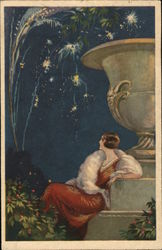 Woman Watching Fireworks Postcard