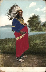 Native American in Blue Shirt, Red Wrap Holding Pistol Postcard