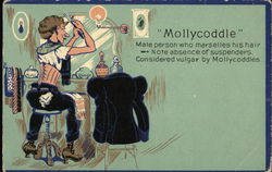 "Mollycoddle" - Man Wearing Corset Grooming Hair in Mirror Postcard