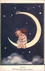 Children Kissing on Crescent Moon Postcard Postcard Postcard