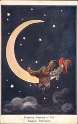 Child Sleeping on Crescent Moon with Hat Hanging from Tip Black Americana Postcard Postcard Postcard